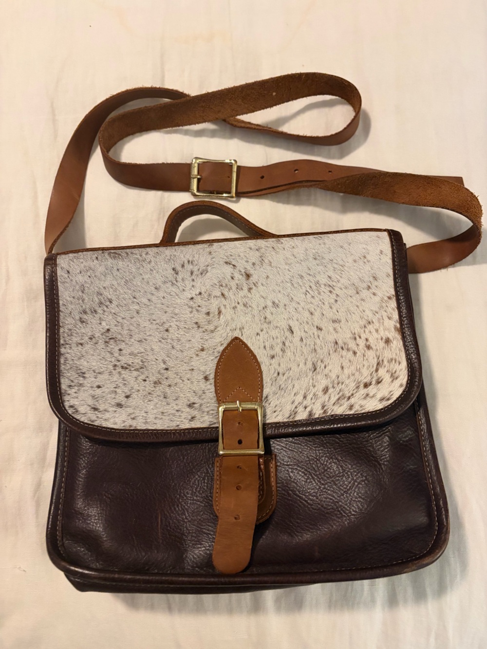 Charlie Leather Co. Brown Leather & White Speckled Haircalf Crossbody Satchel